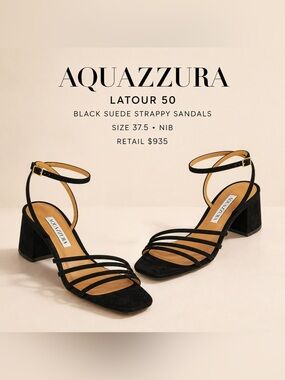 Aquazzura Latour 50 Black
Suede Strappy Block Heel Sandals
- Size 37.5 NIB